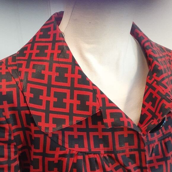 H Geometric Pattern Long Jacket Sz S Spring Fall Black Red Pattern Sophisticated - Picture 7 of 10